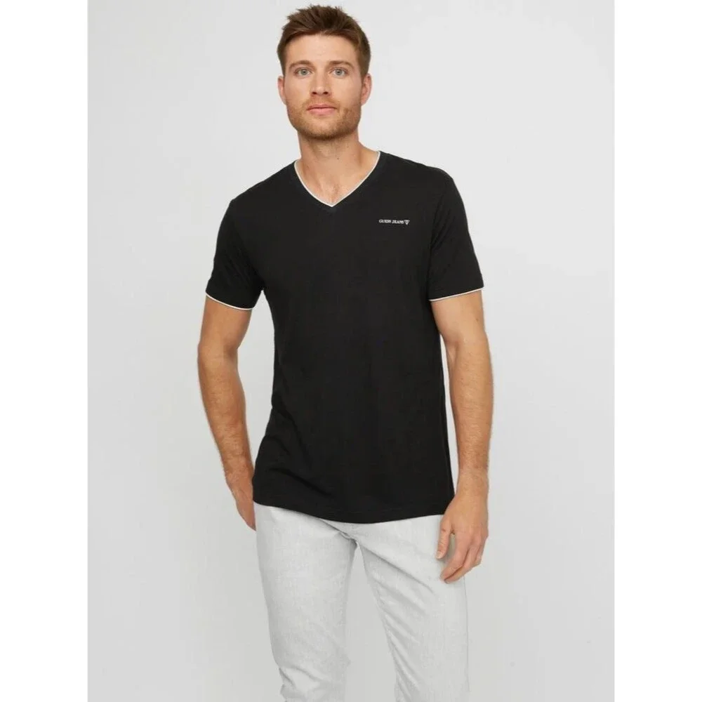 NWT Guess Men's Armin V-Neck Casual Tee, Black w/White Trim, Size XL, New w/Tags - Picture 3 of 16